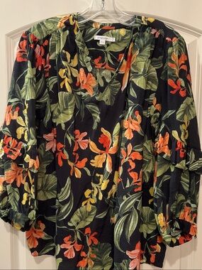Chico's Black Floral V-Neck Blouse with Orange and Green Leaves